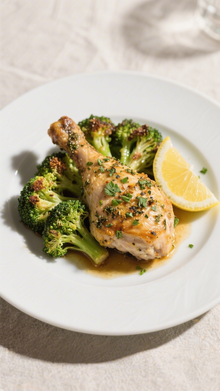 Final dish presentation: Restaurant-quality plated Baked Herb Chicken with Broccoli on a matte white