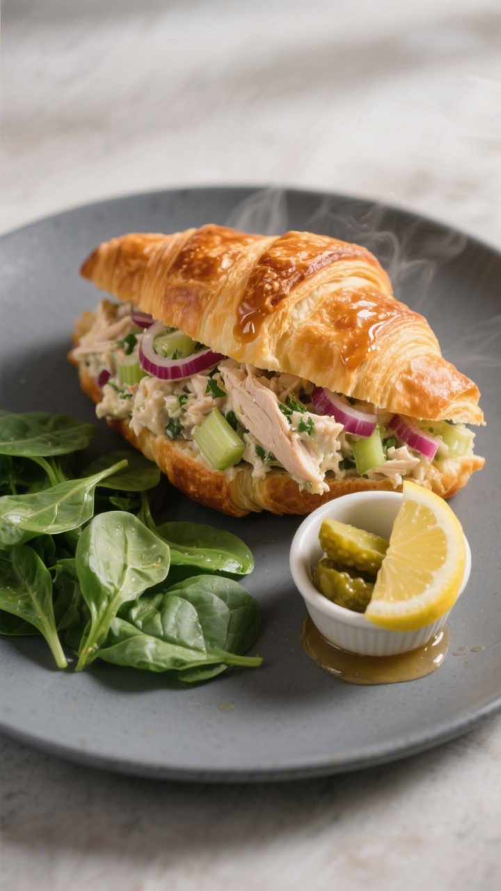 Final dish presentation: Restaurant-quality plating of a warm, flaky croissant chicken salad sandwic