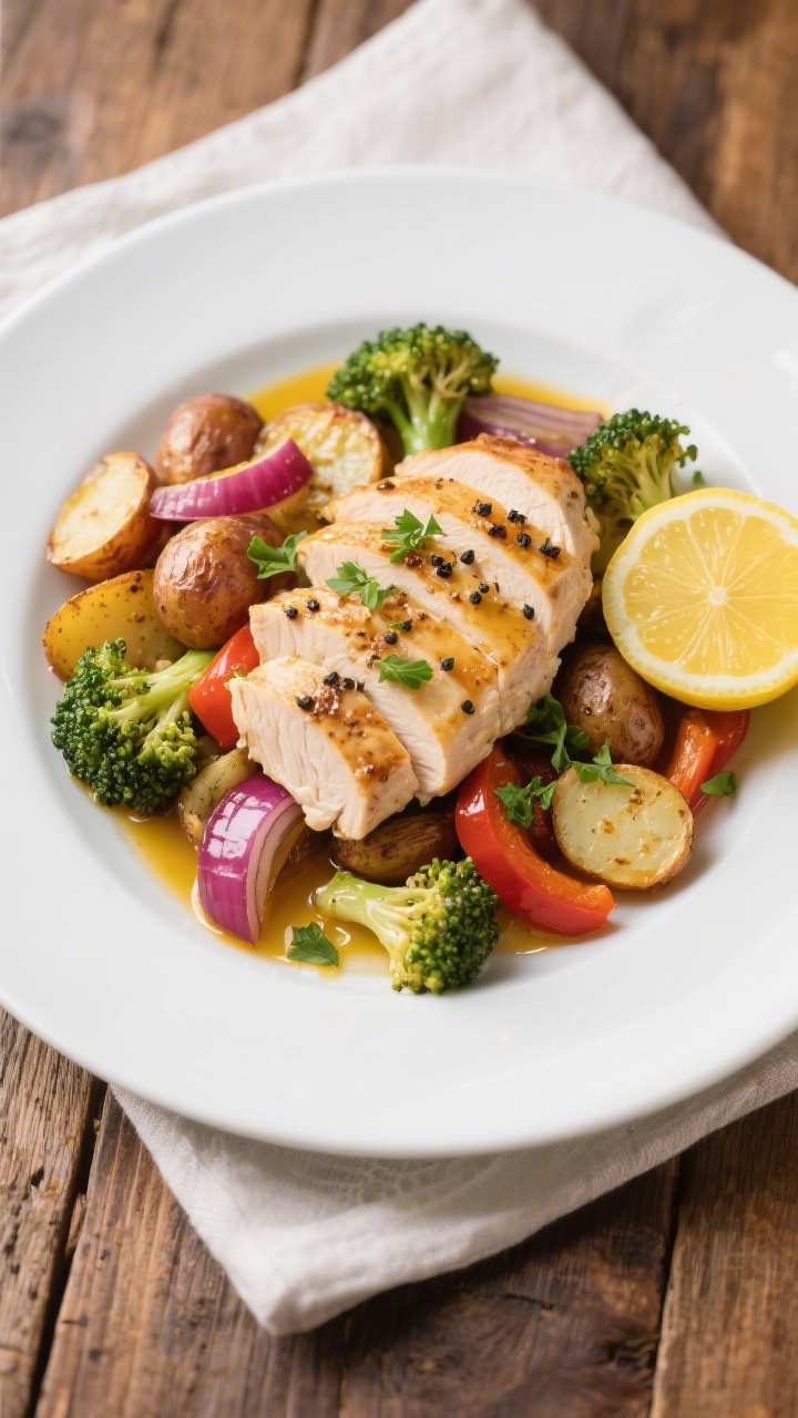 Final dish presentation, tasty top view: Overhead restaurant-quality plate-up of One Pan Garlic Chic