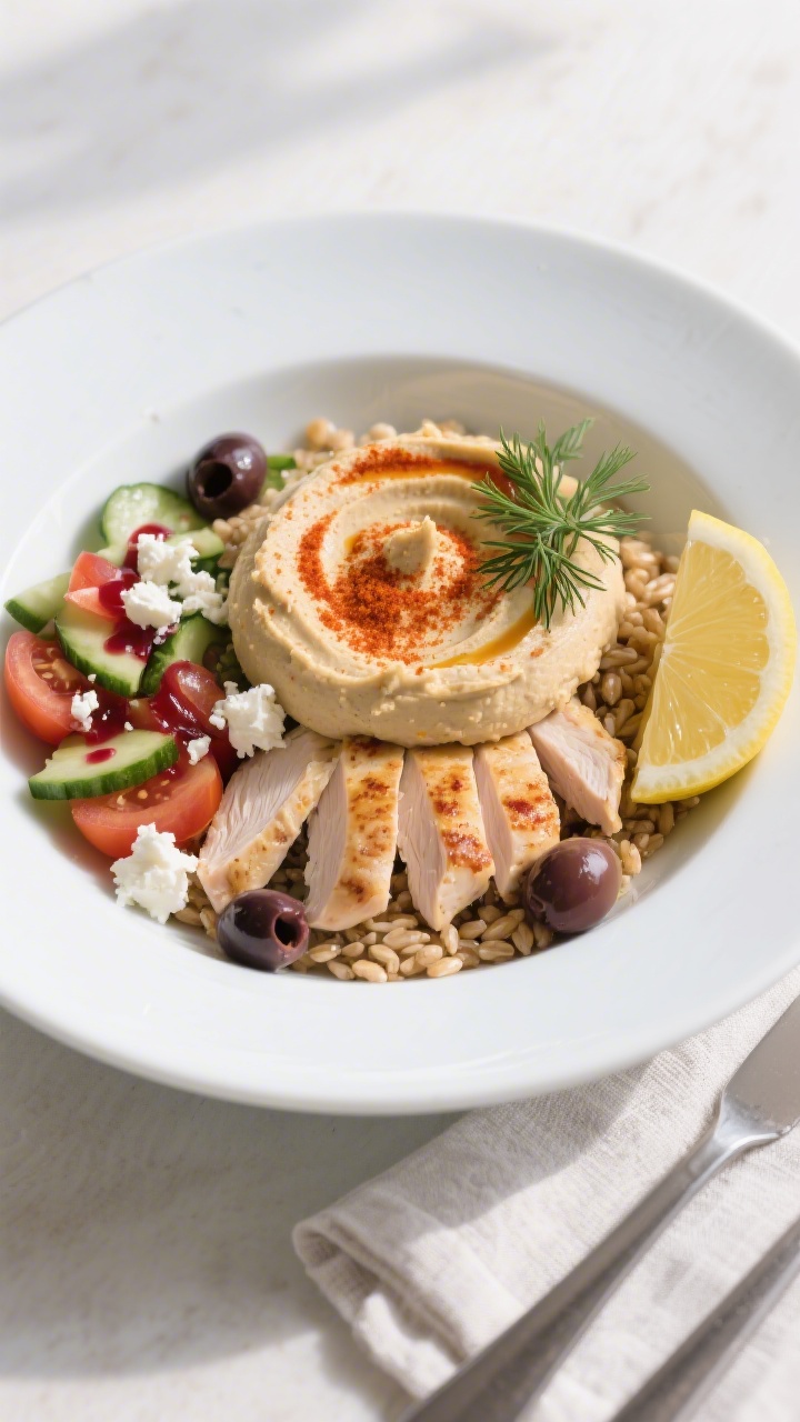 Final plated beauty: Restaurant-quality presentation of a Mediterranean chicken bowl on a wide white