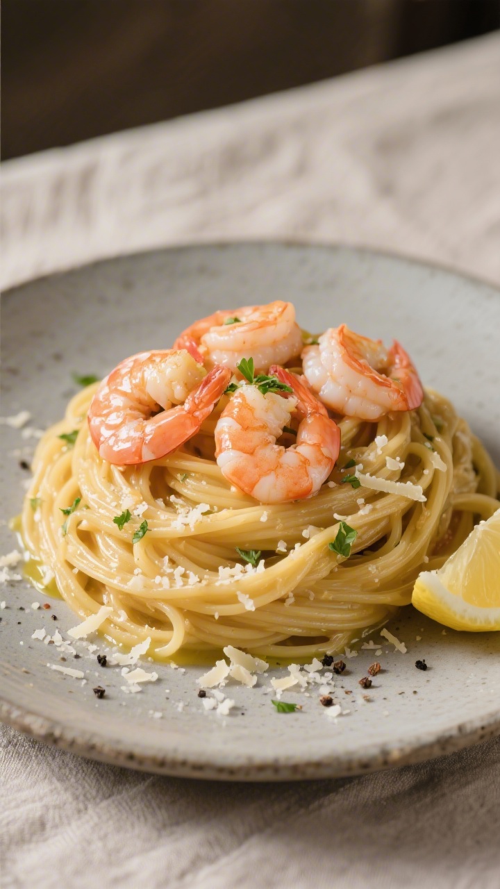 Final plated beauty: Restaurant-quality presentation of Quick Garlic Shrimp Pasta twirled into a nea