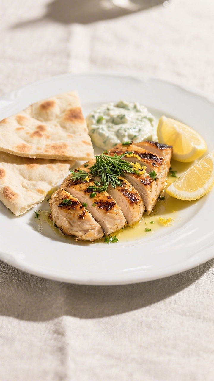 Final plated dish beauty: Beautifully plated Mediterranean grilled chicken breast cutlets sliced and