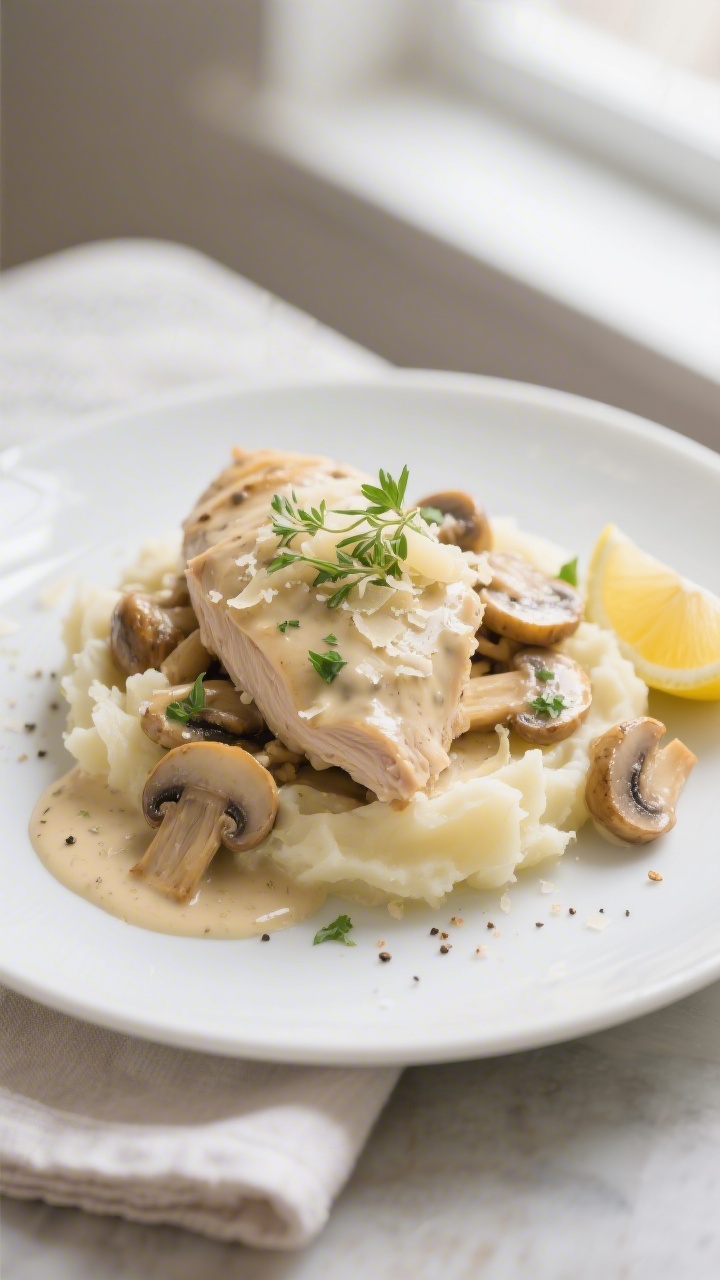 Final plated dish beauty: Creamy Chicken and Mushroom Dinner served over buttery mashed potatoes on 