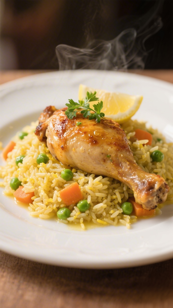 Final plated dish – restaurant-quality presentation: Close-up plate of Classic Chicken and Rice Di