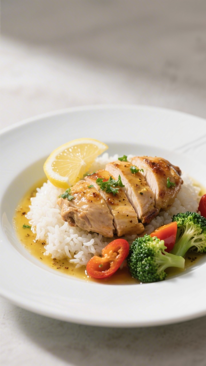 Final plated dish: Restaurant-quality presentation of sliced chicken thighs over fluffy white rice o