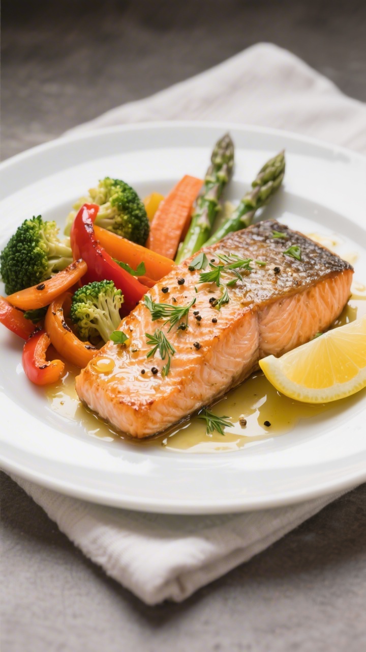 Final plated dish: Restaurant-quality presentation of Healthy Baked Salmon with Vegetables—one per