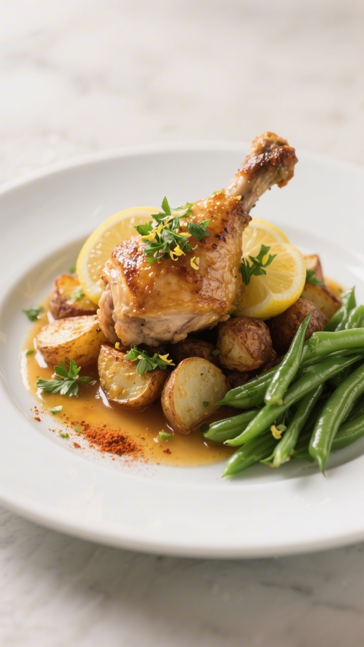 Final plated dish, restaurant-quality presentation: a shallow white plate with one crispy-skinned ch