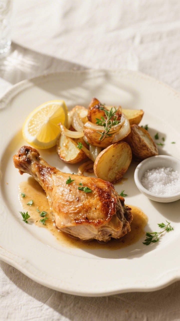 Final plated dish: Restaurant-quality presentation of baked chicken with potatoes—one thigh and a 