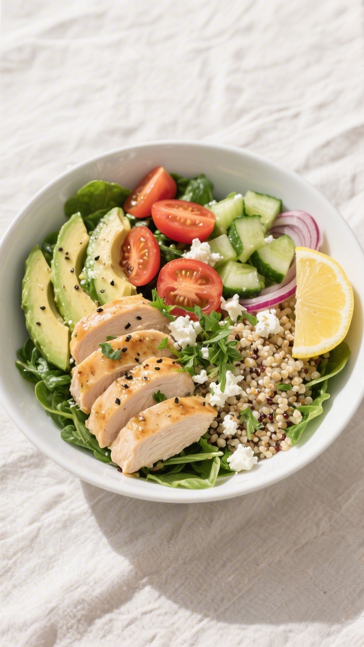 Final plated dish, top view: Overhead shot of the Chicken and Avocado Lunch Bowl fully assembled—m