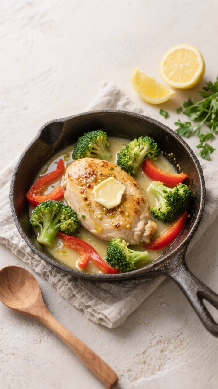 Overhead one-skillet finish: of the fully cooked chicken simmering in a light, glossy pan sauce made