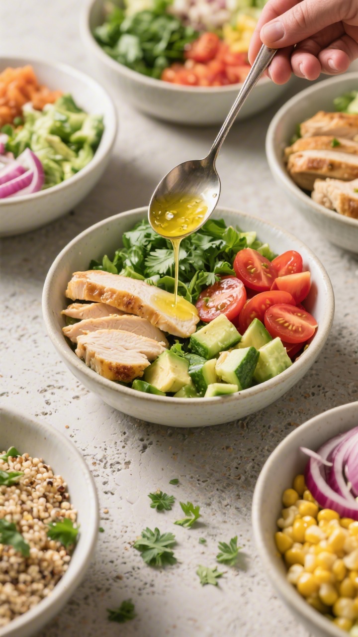 Overhead “tasty top view,” assembly moment: Top-down shot of multiple salad bowls mid-assembly o