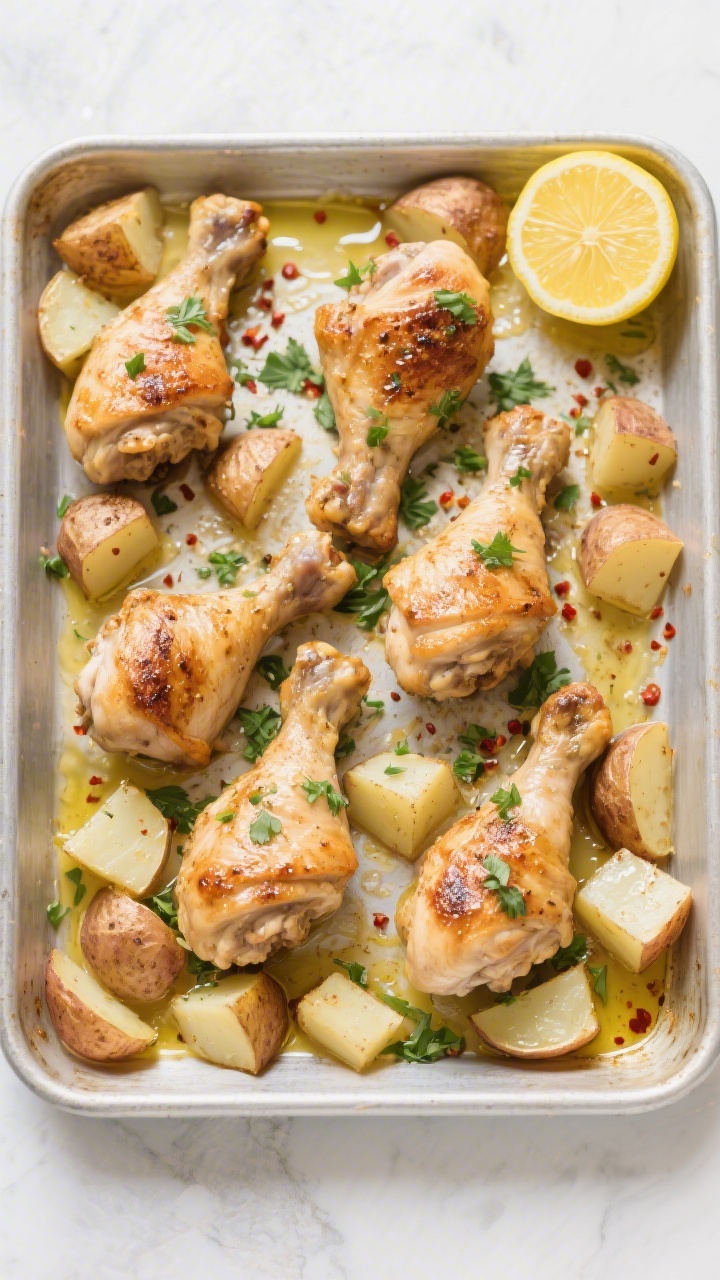 Overhead “tasty top view” of the finished One Pan Lemon Chicken with Potatoes arranged on the sh