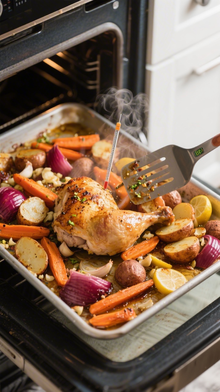 Process shot at the oven door open: overhead 3/4 view of the sheet pan mid-roast showing vegetables