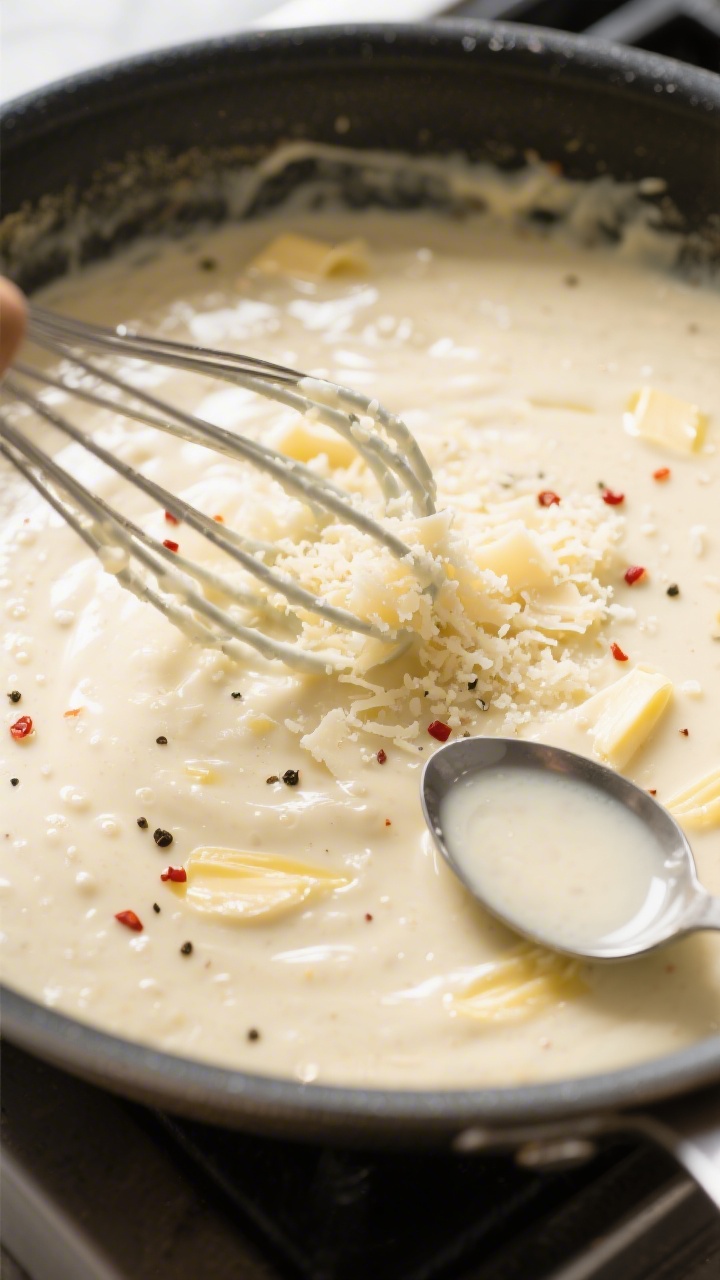 Sauce emulsification, overhead action shot: Creamy Alfredo sauce gently simmering in the skillet, Pa
