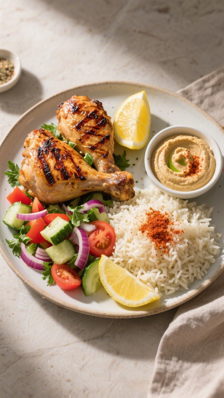 Tasty overhead spread: Overhead shot of a weeknight Mediterranean chicken plate—grilled chicken th