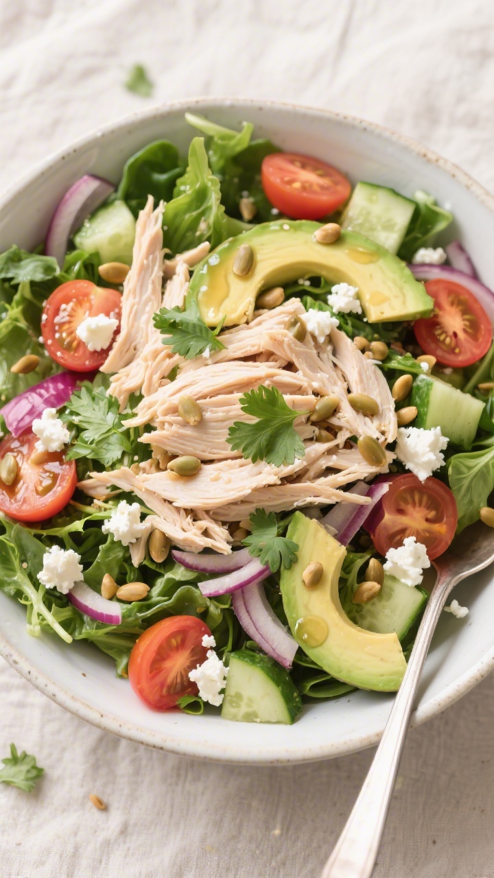 Tasty top view – assembled Healthy Chicken and Avocado Salad: Overhead shot of a large bowl filled