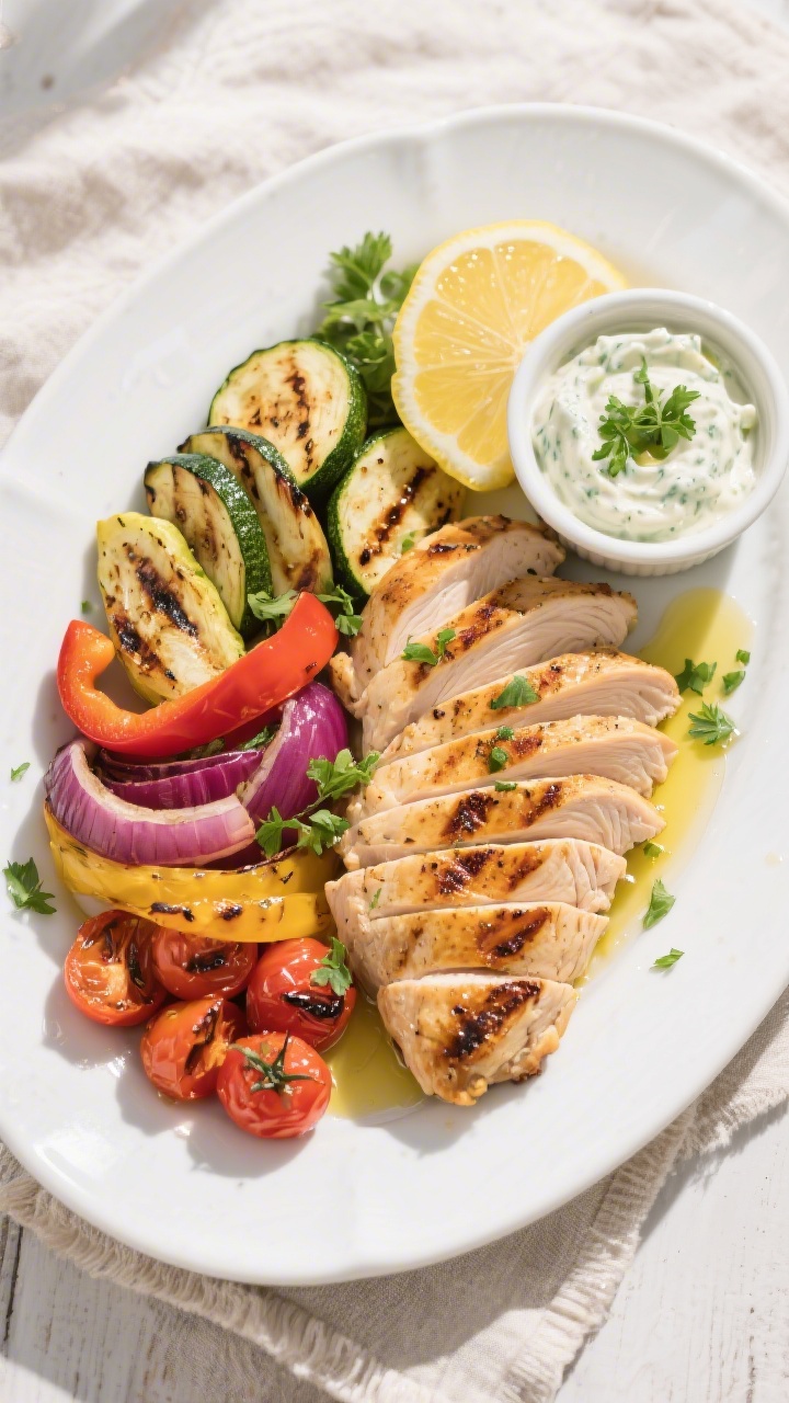 Tasty top view (final dish): Overhead shot of a complete platter of Healthy Grilled Chicken with Veg