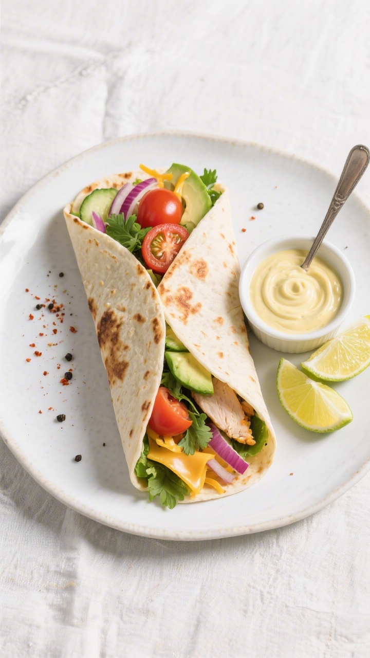 Tasty top view final dish: Overhead shot of a diagonally sliced grilled chicken wrap on a matte whit