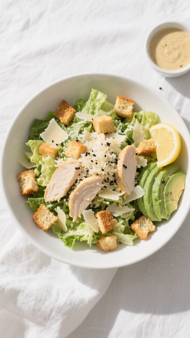 Tasty top view final presentation: Overhead shot of a large, modern white bowl filled with Chicken C