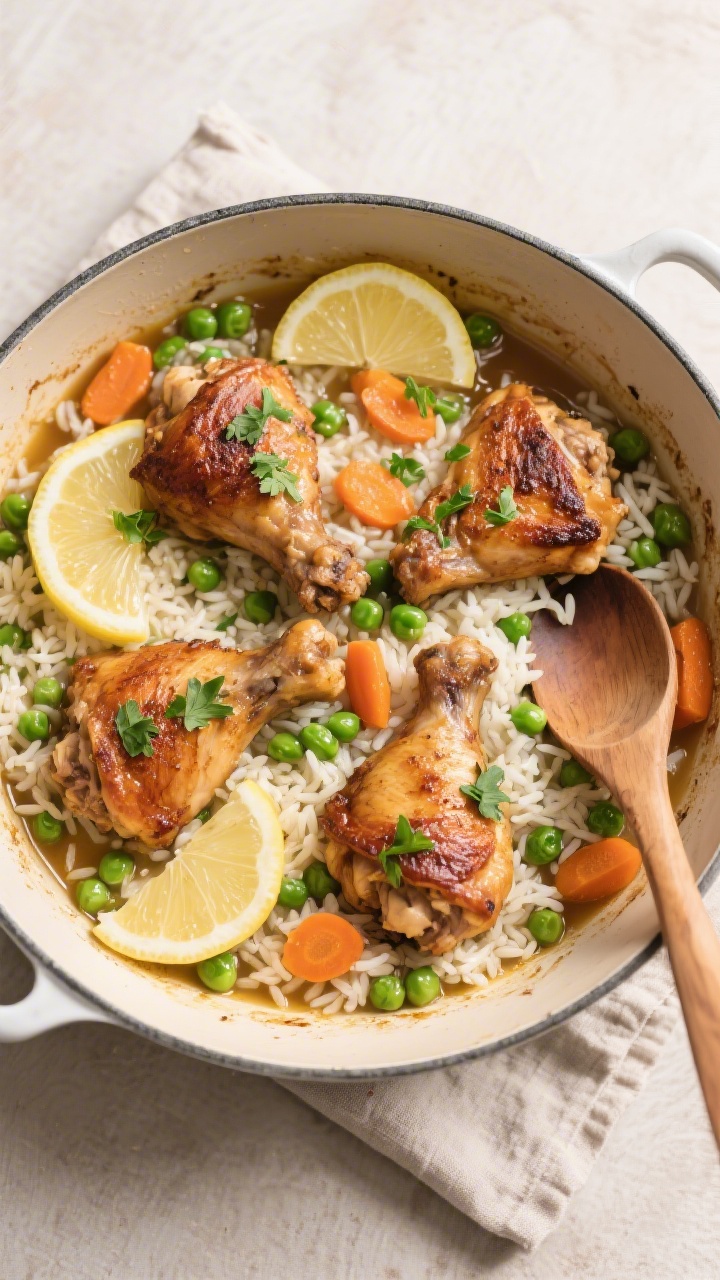 Tasty top view – finished one-pot chicken and rice: Overhead shot of the cooked dish resting off-h