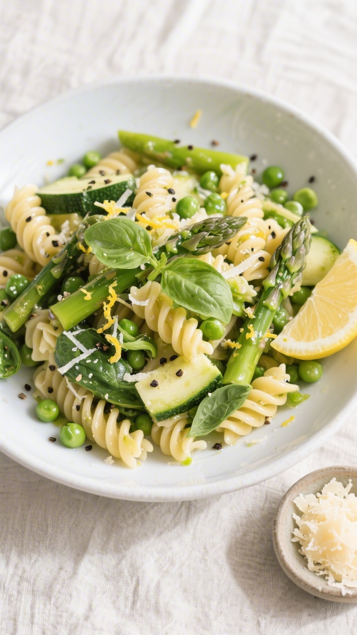 Tasty top view, overhead: Overhead shot of a โgreen gardenโ pasta variationโfusilli coated in