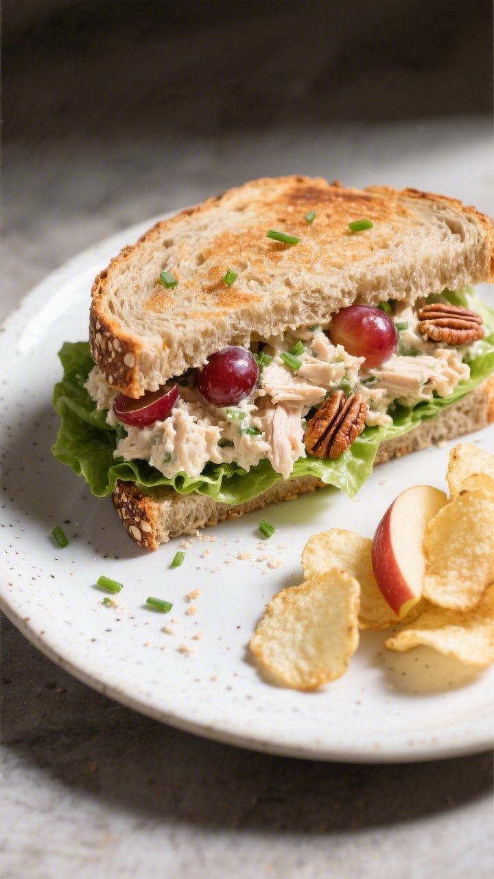 Tasty top view: Overhead shot of a just-assembled chicken salad sandwich on toasted multigrain bread