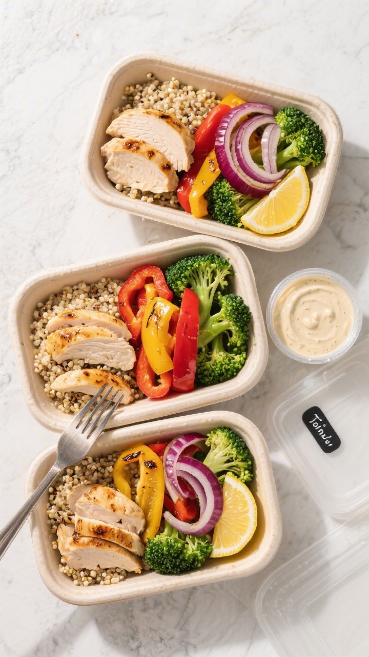 Tasty top view: Overhead shot of assembled chicken and quinoa meal prep containers—fluffy quinoa f