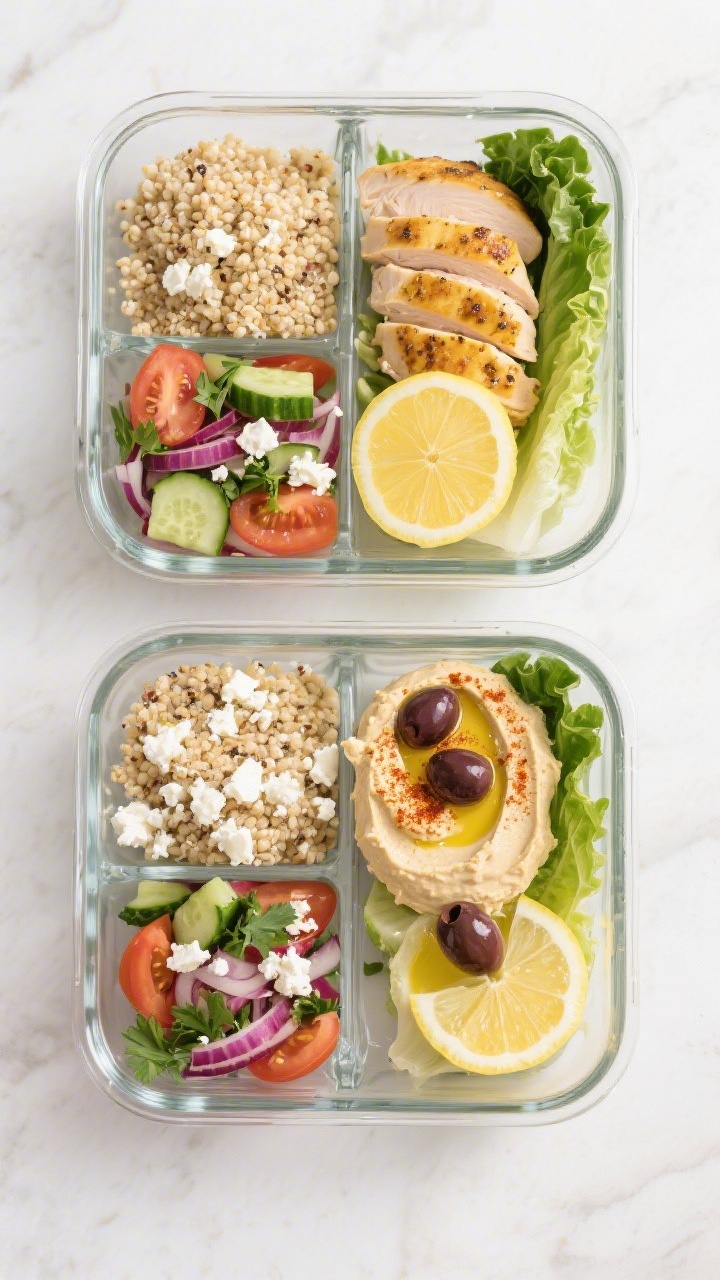 Tasty top view: Overhead shot of assembled Mediterranean Chicken Meal Prep Bowls in glass containers