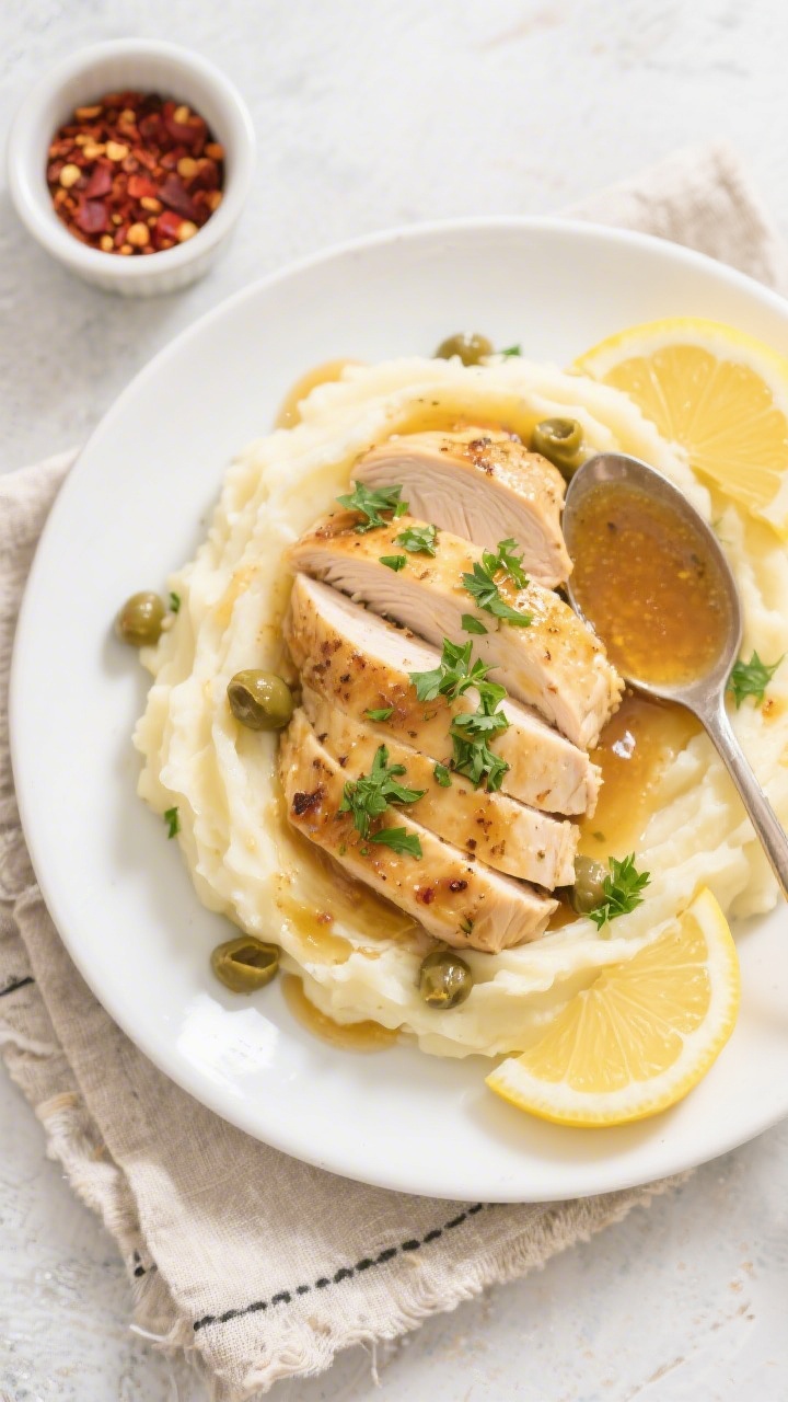 Tasty top view: Overhead shot of Easy Garlic Chicken sliced and fanned over buttery mashed potatoes
