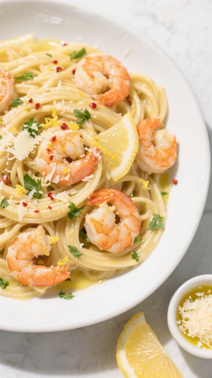 Tasty top view: Overhead shot of linguine tossed in a silky lemon-garlic butter sauce, shrimp nestle