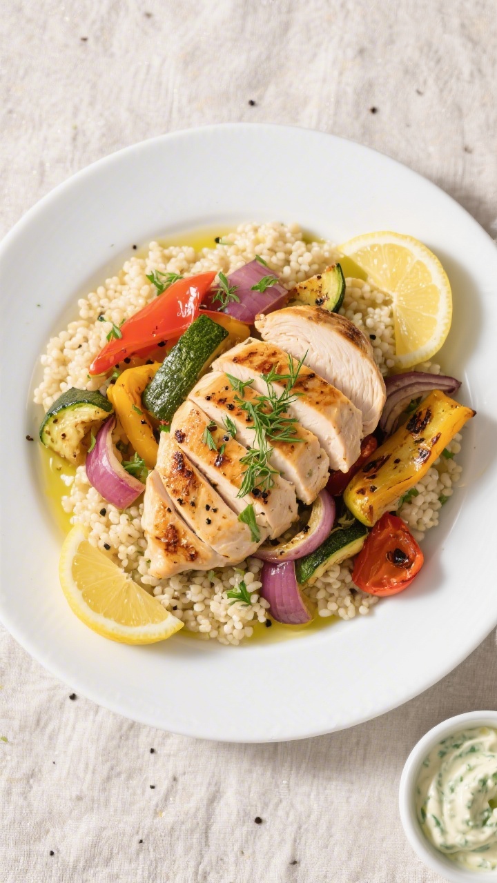 Tasty top view: Overhead shot of the final plated Grilled Lemon Chicken with Vegetables—sliced chi