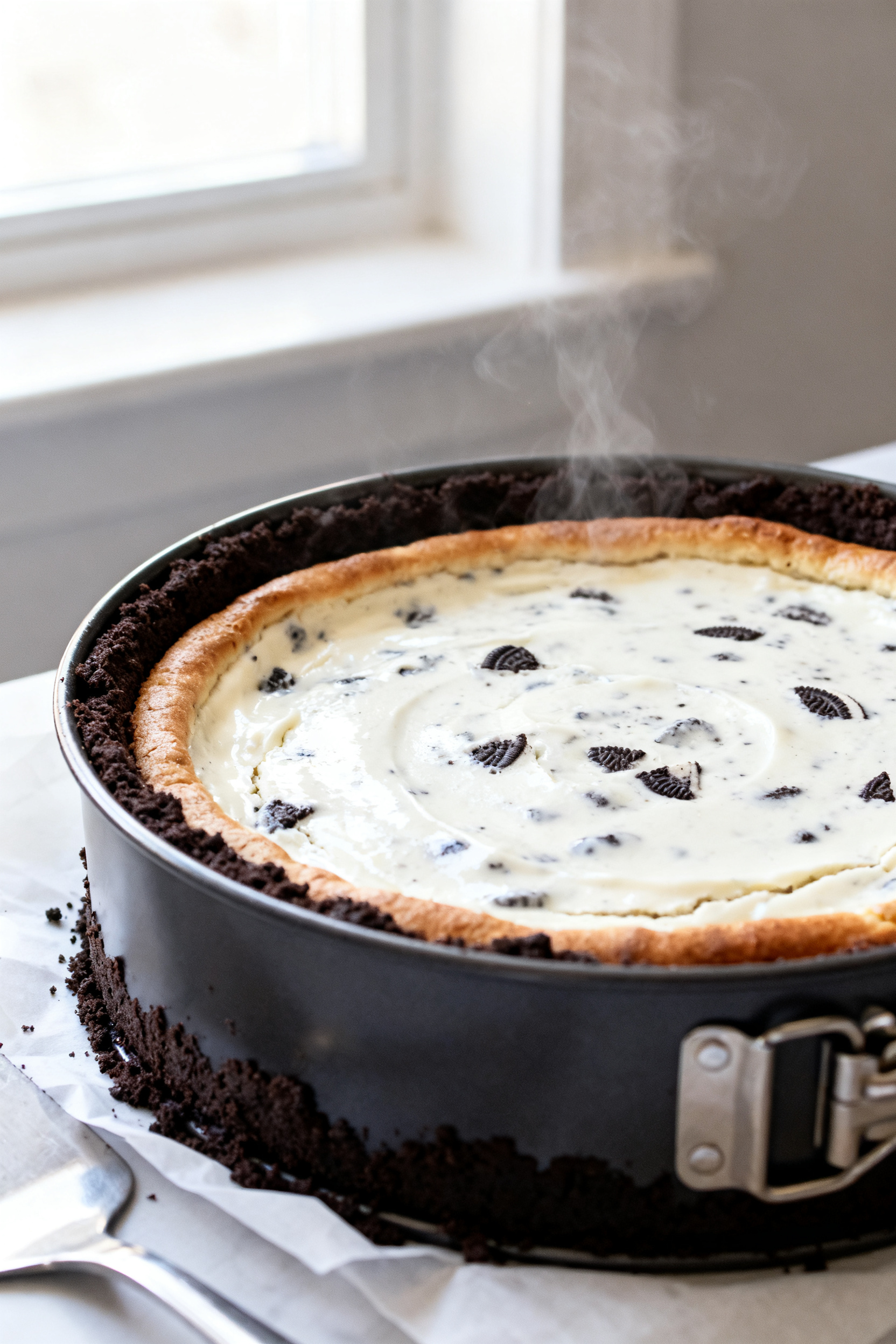 Close-up detail: A freshly baked Oreo cheesecake still in the springform pan, edges set with a sligh