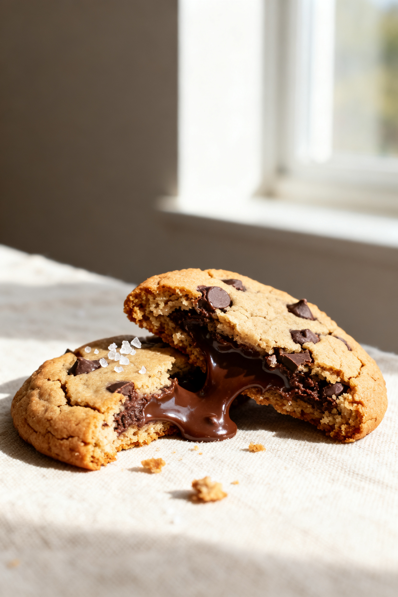 Close-up detail: A just-baked chocolate chip cookie torn in half to reveal a gooey, soft center with