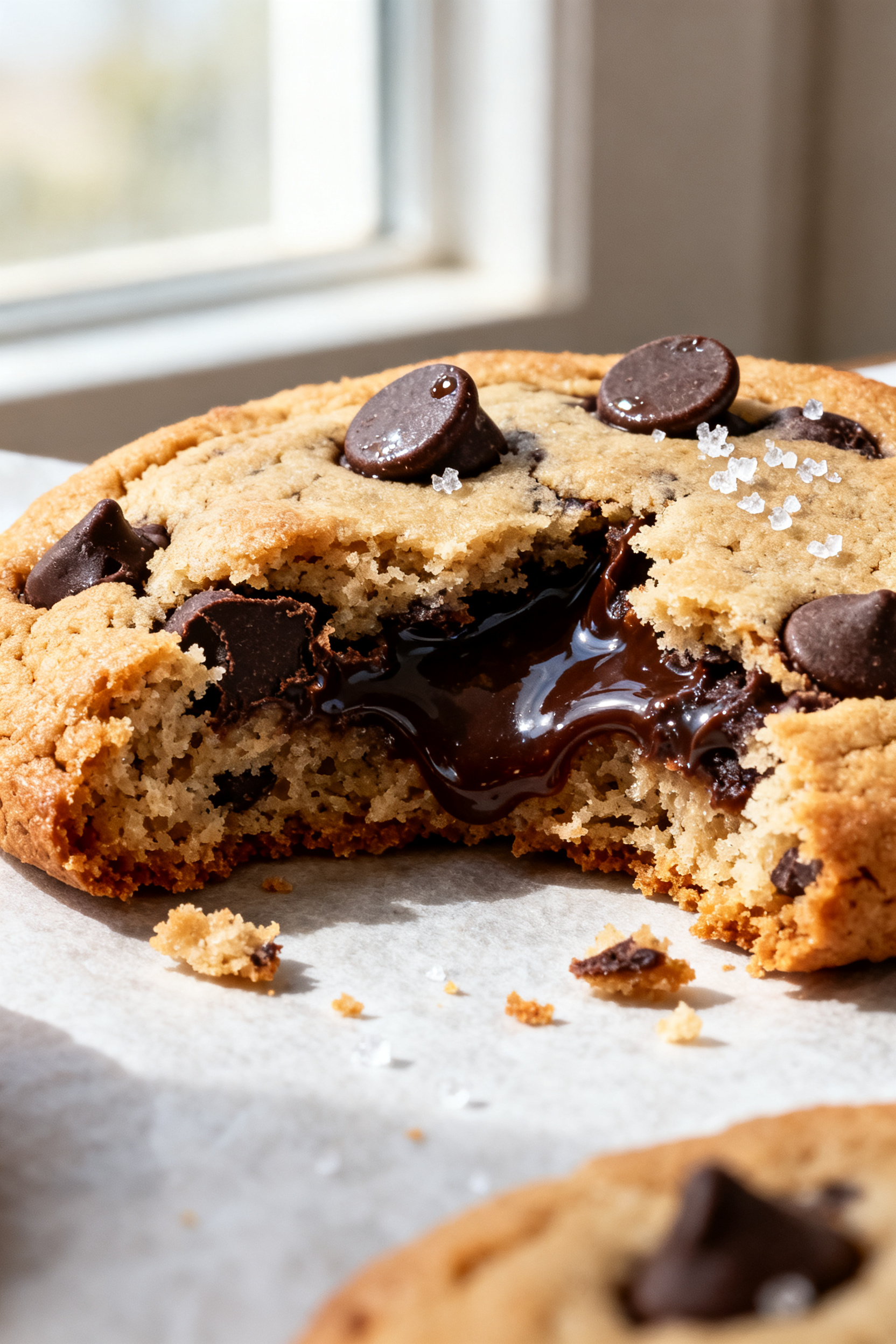 Close-up detail: A just-baked chocolate chip cookie torn open to reveal a soft, gooey center with me