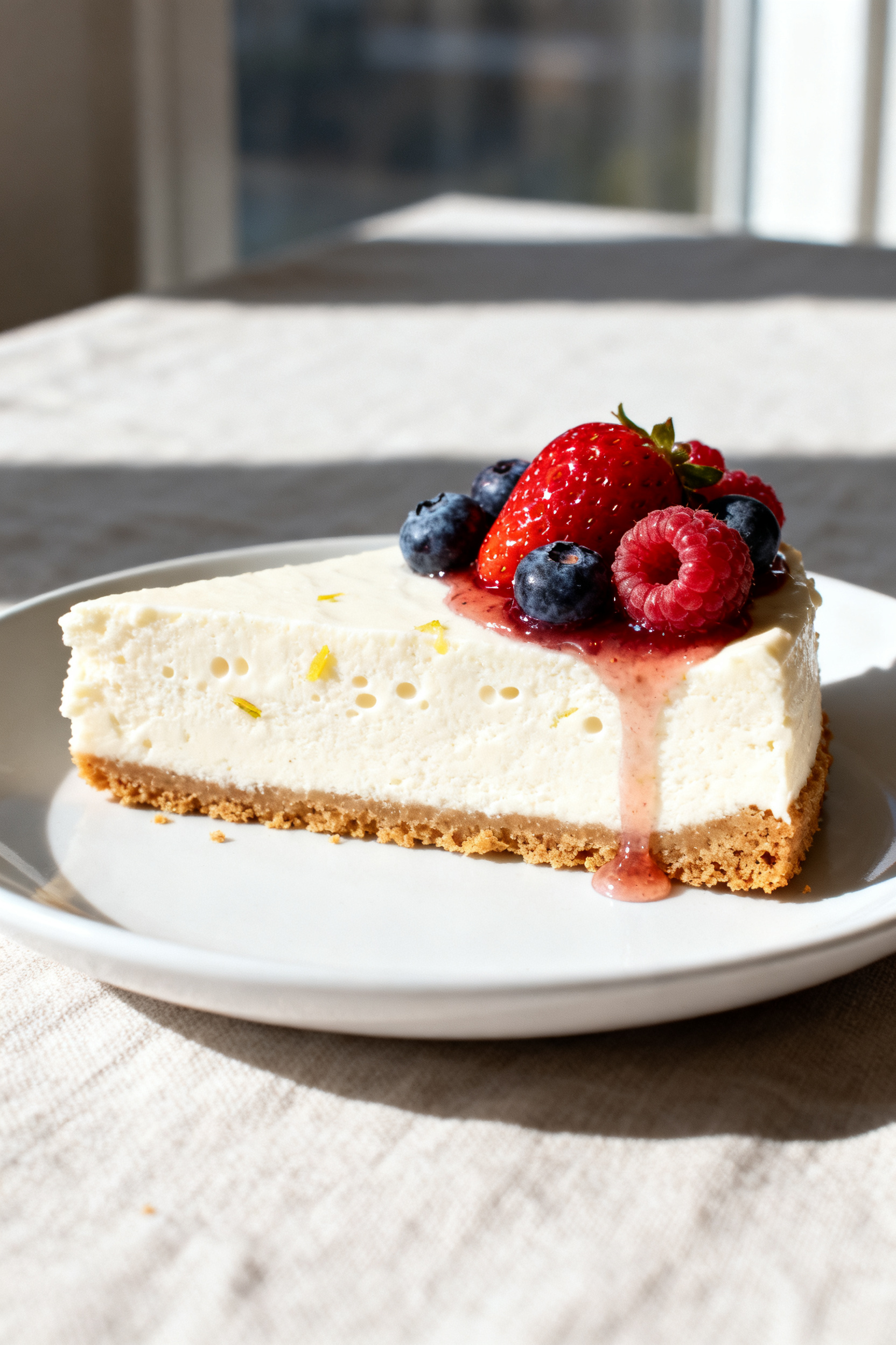 Close-up detail: A slice of no-bake cheesecake just lifted from the pan, showing the ultra-creamy, c
