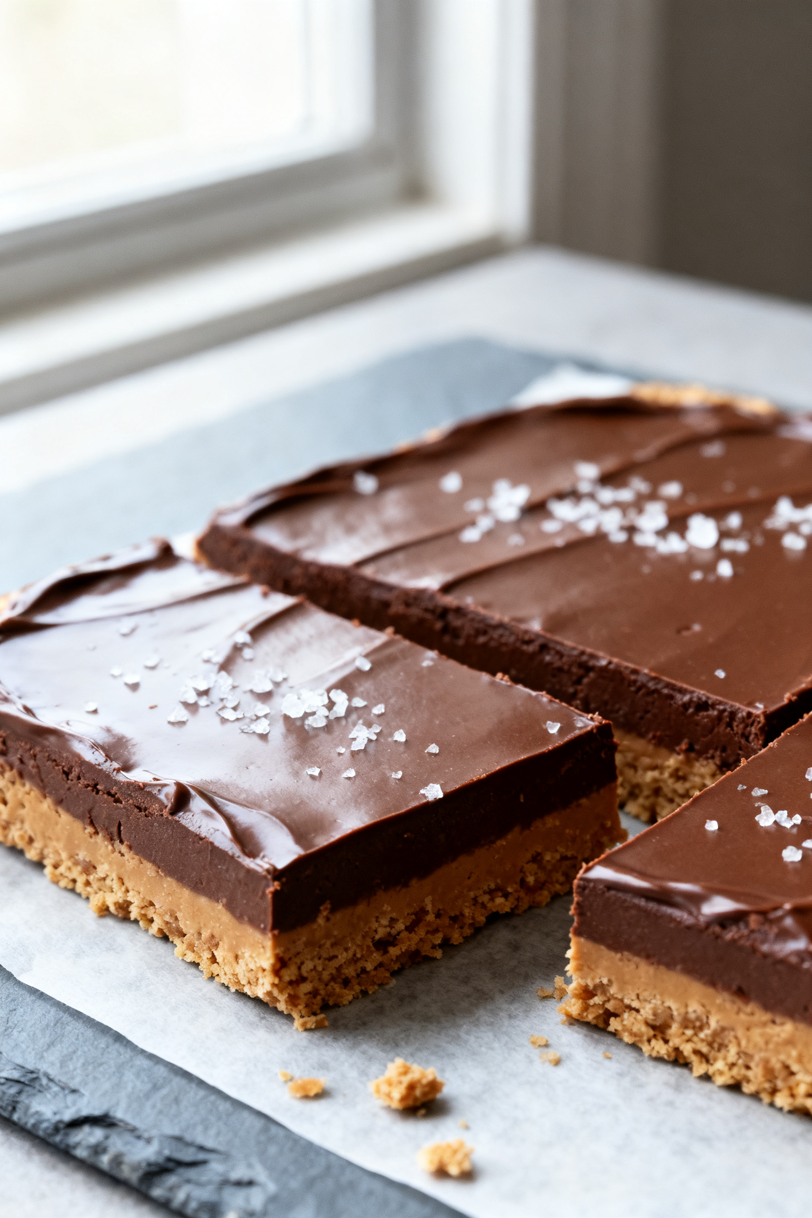 Close-up detail: A sliced no-bake chocolate peanut butter bar with ultra-smooth glossy chocolate top