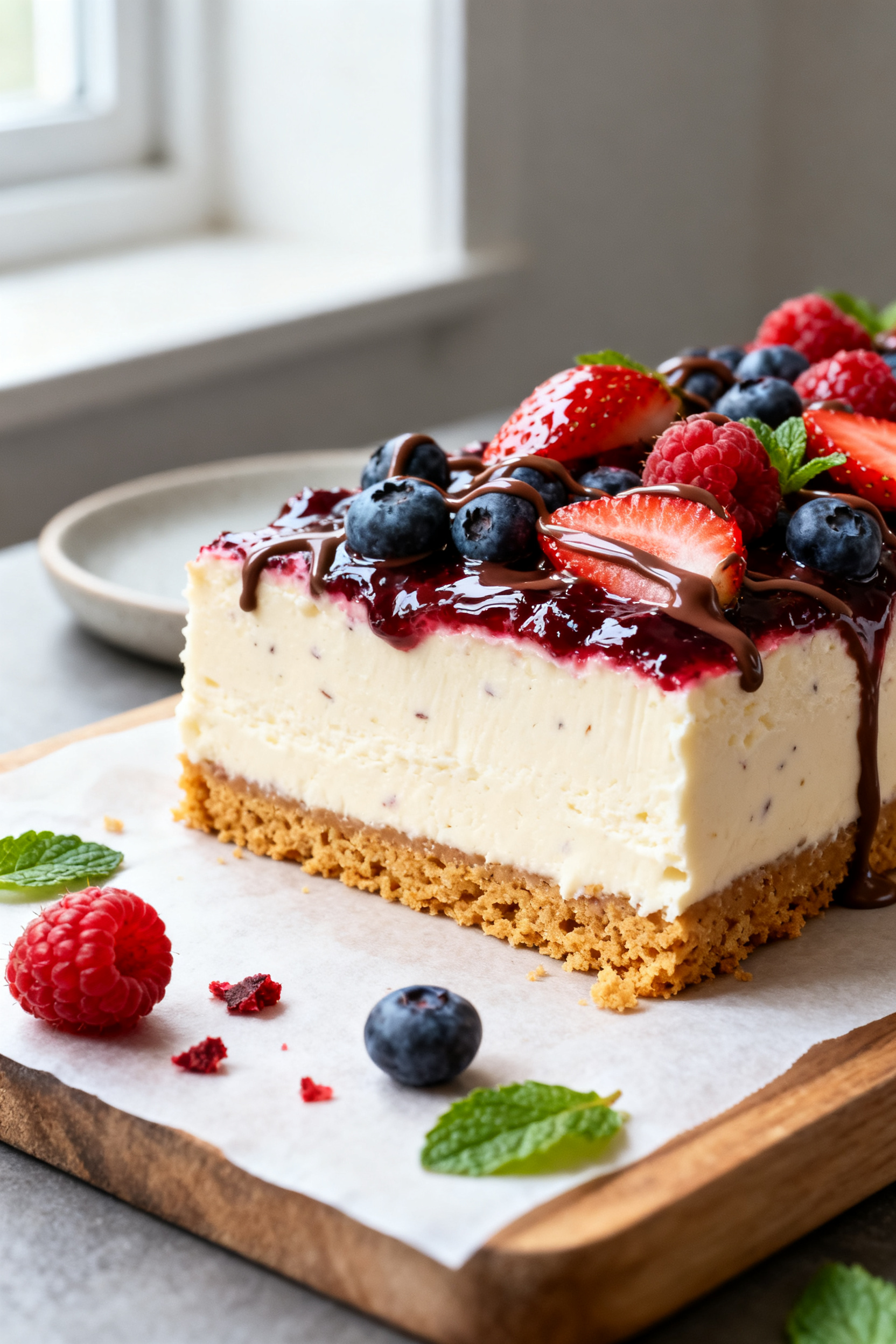 Close-up detail: A sliced no-bake classic cheesecake bar on a parchment-lined board, showing the sil