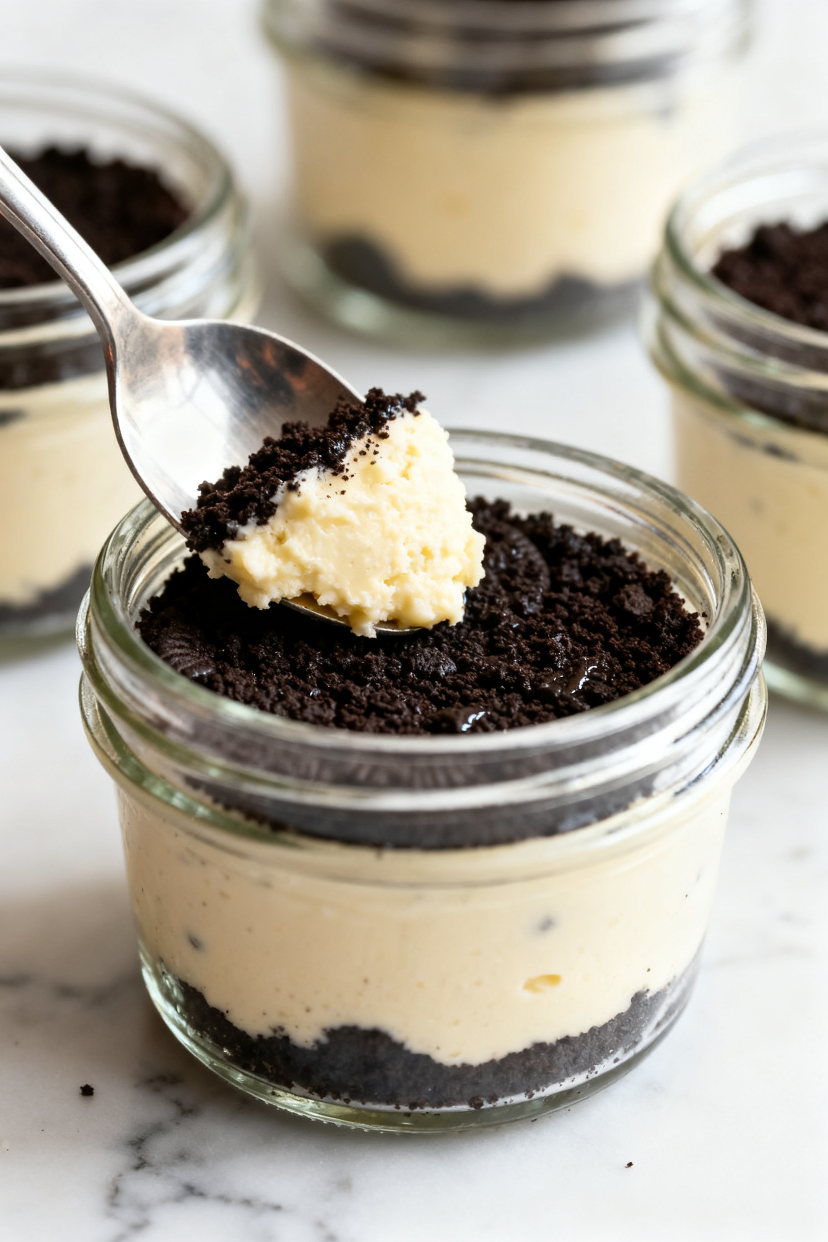 Close-up detail: A spoon pressing a buttery Oreo crumb base into small clear glass jars, showing the