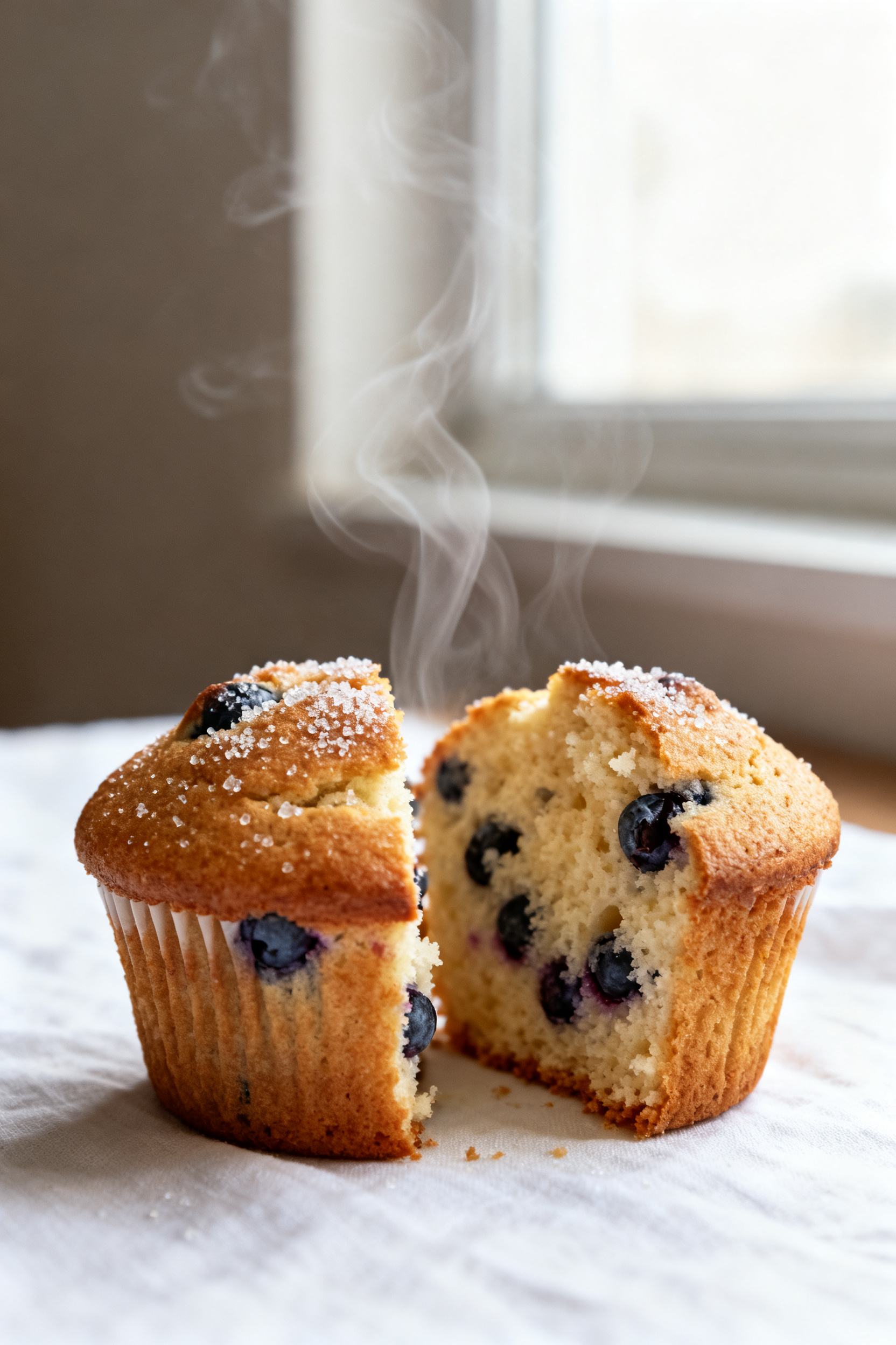 Close-up detail: Freshly baked blueberry muffins with high-domed, golden-brown tops sprinkled with c