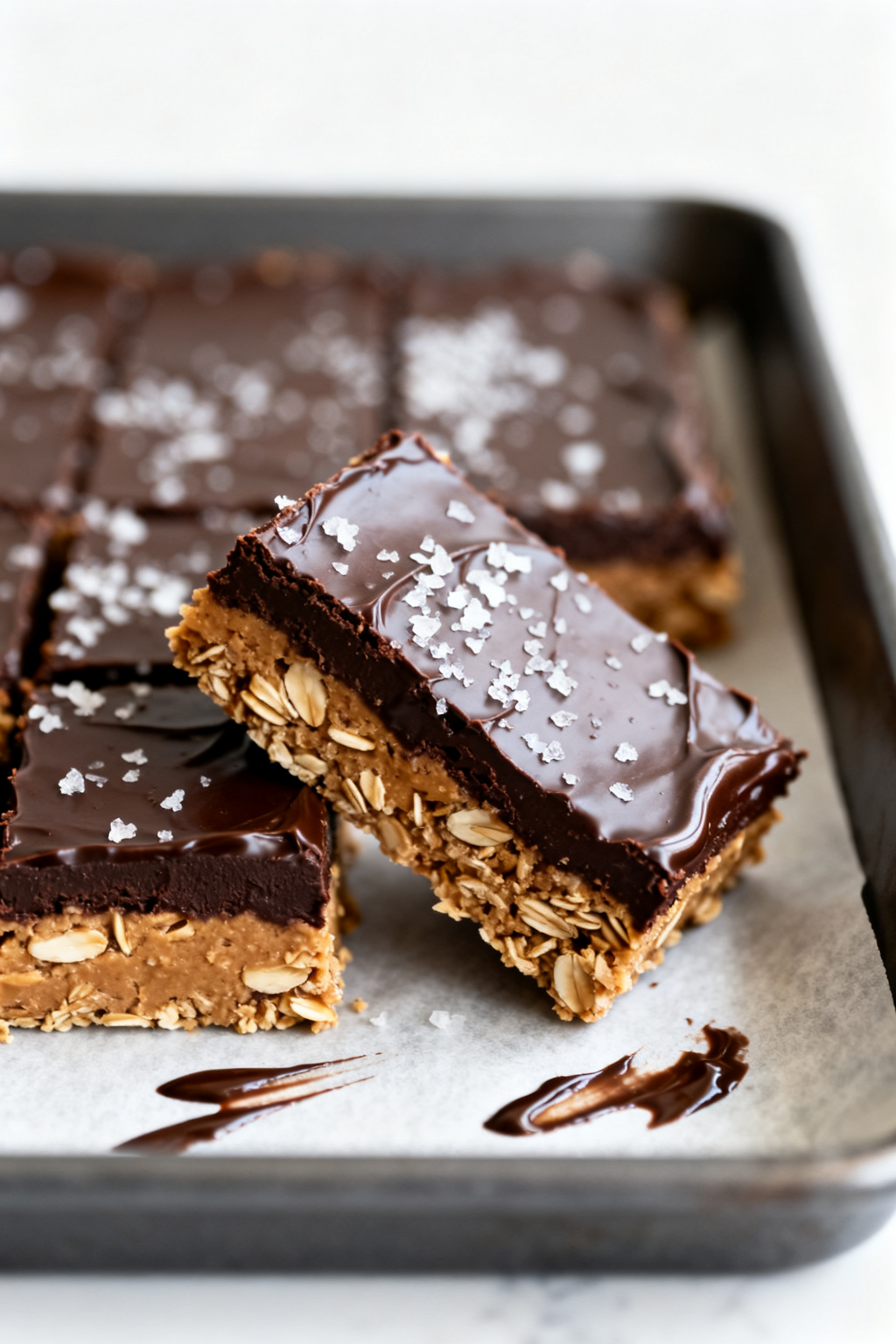 Close-up detail shot: freshly chilled no-bake chocolate peanut butter oat bar just after slicing, sh
