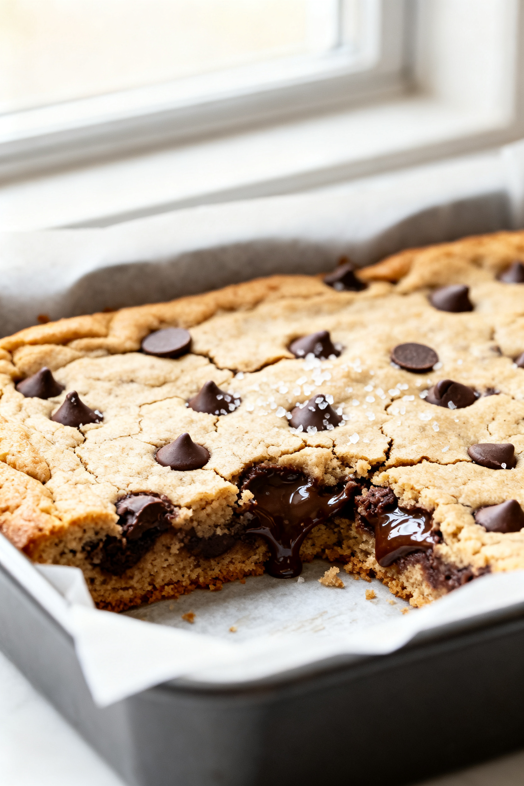 Close-up detail shot of freshly baked chocolate chip cookie bars just out of the 9x13 pan, edges gol