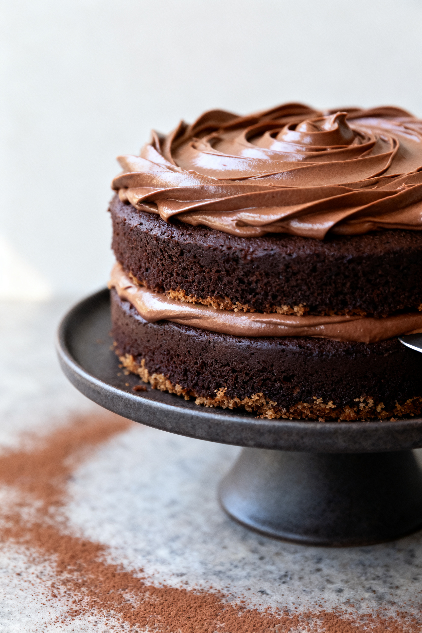 Close-up detail shot of the cake’s glossy fudge frosting being swirled onto a stacked, fully baked
