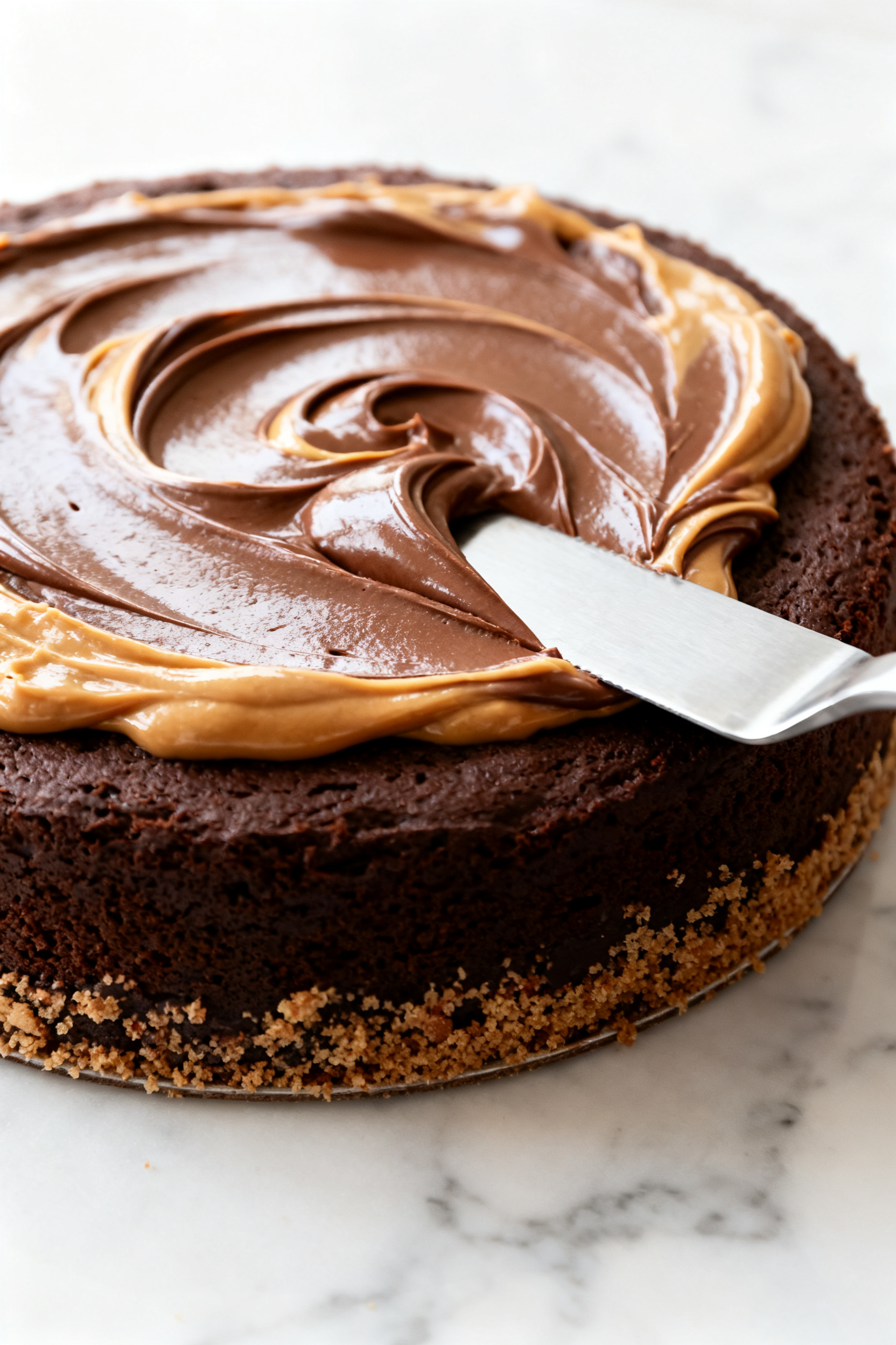 Close-up detail shot: Silky chocolate ganache being smoothed over a crumb-coated, fully baked 8-inch