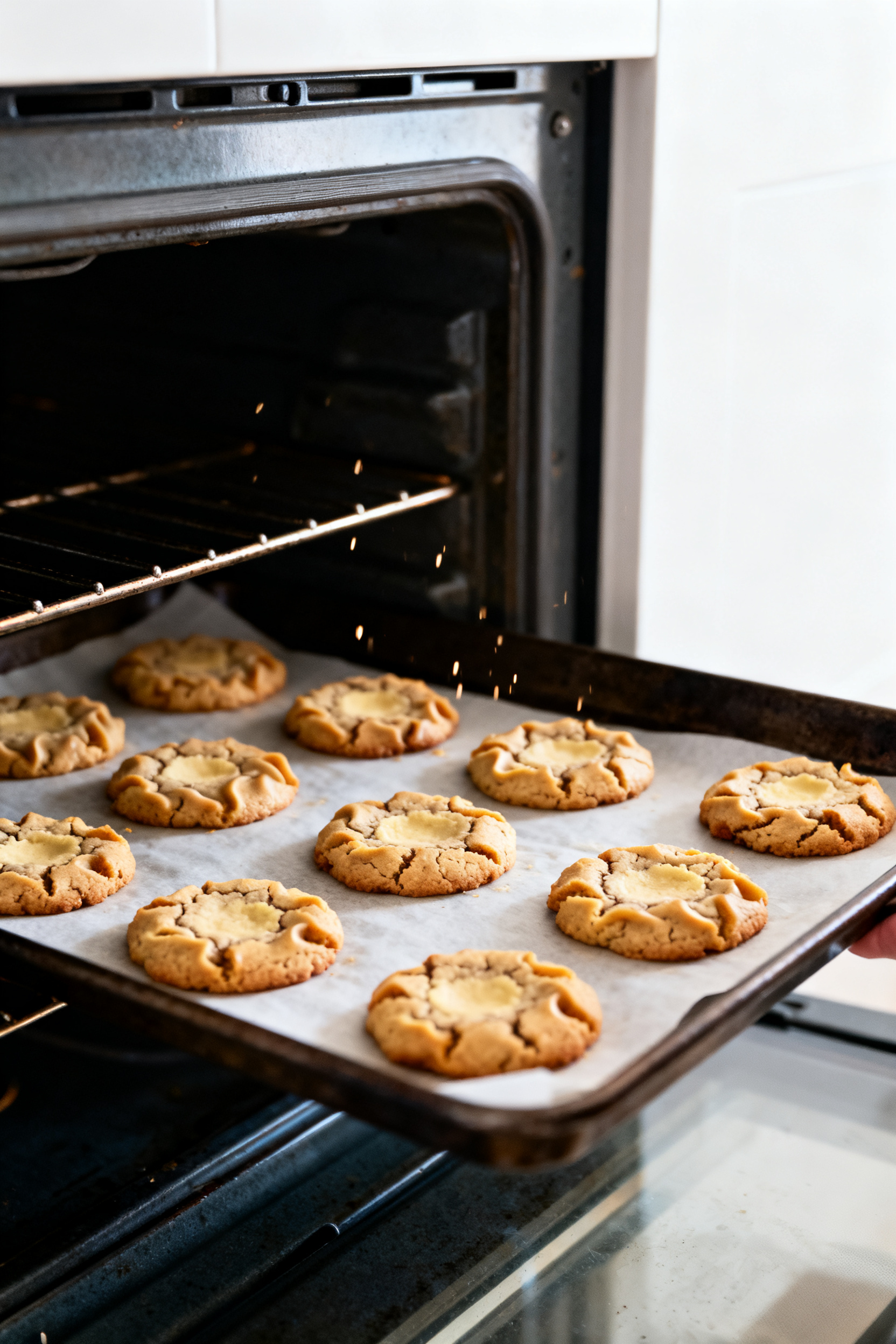 Cooking process: Mid-bake “pan bang” moment captured inside an open oven—tray gently lifted an