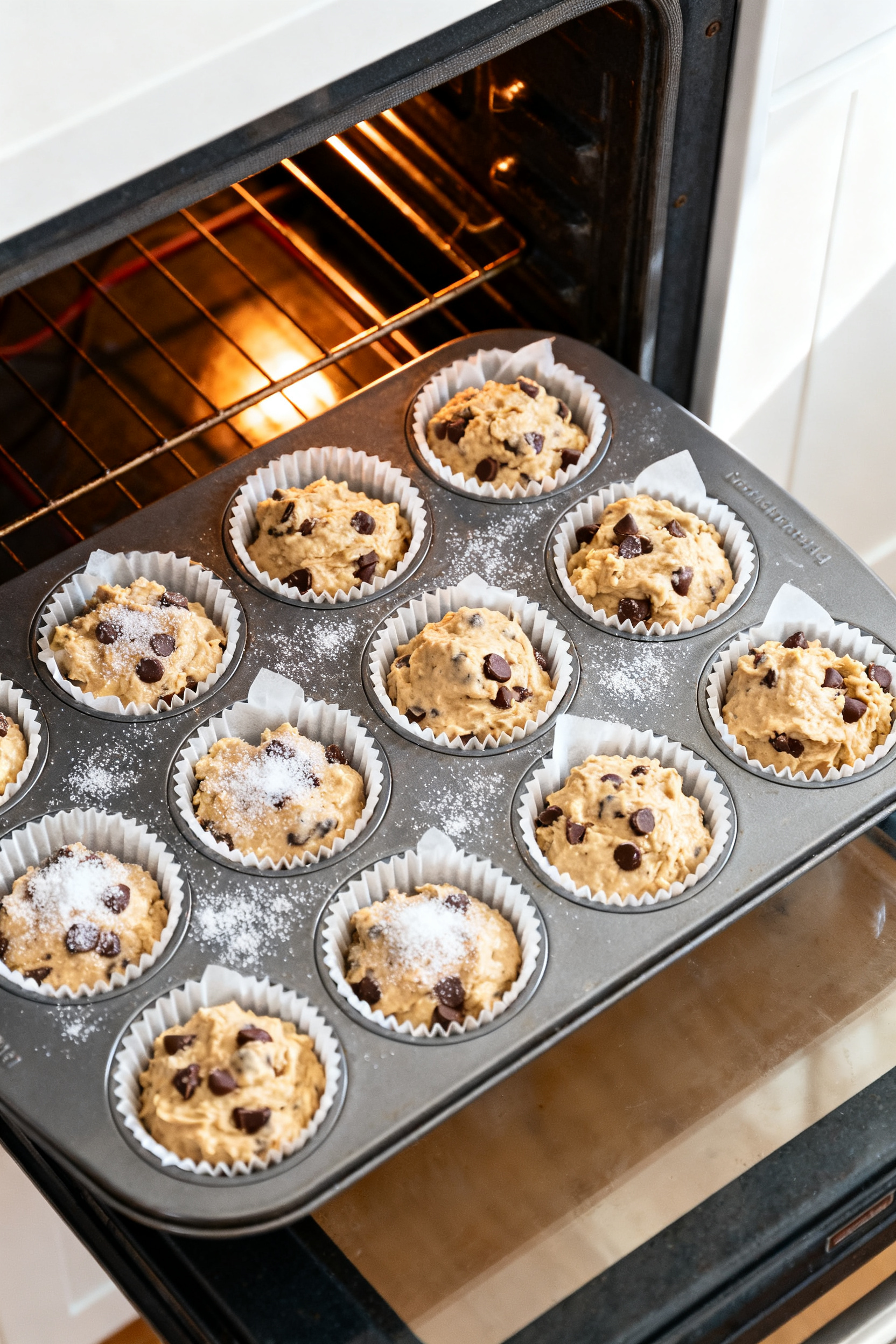Cooking process: Overhead shot of a 12-cup muffin tin just filled almost to the top with lumpy batte