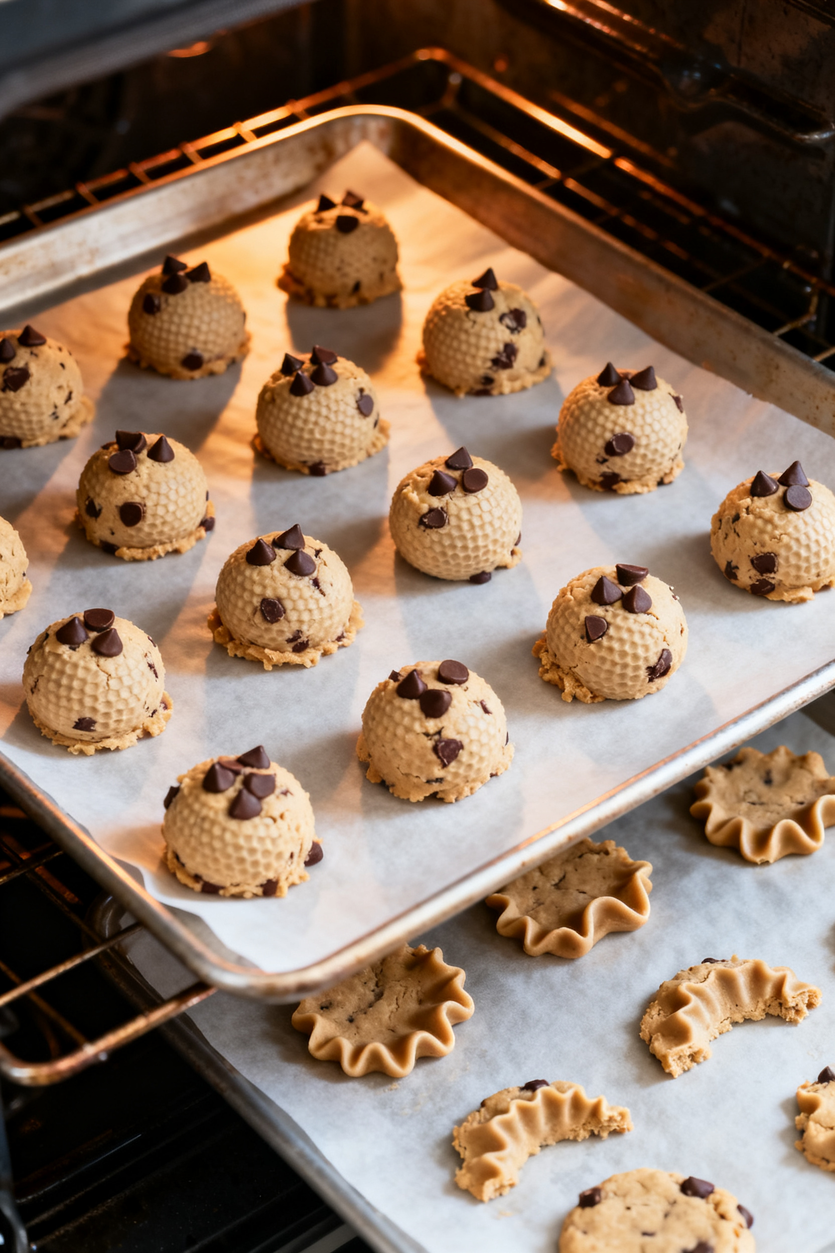 Cooking process: Overhead shot of golf-ball–sized cookie dough mounds on parchment-lined baking sh