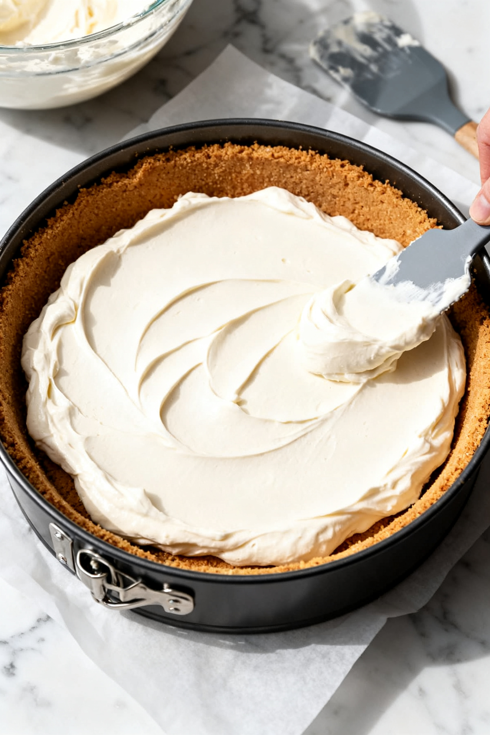 Cooking process: Overhead shot of the chilled graham cracker crust in a 9-inch springform pan as the