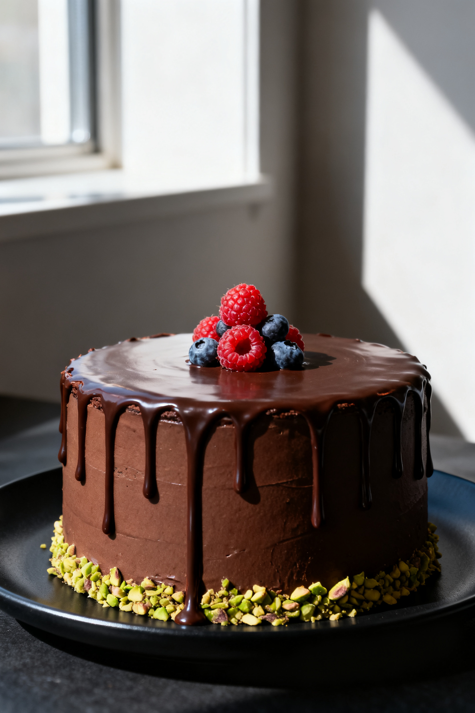 Dramatic 3/4 angle final dish: Chocolate drip cake with perfectly set, even drips over chilled ganac