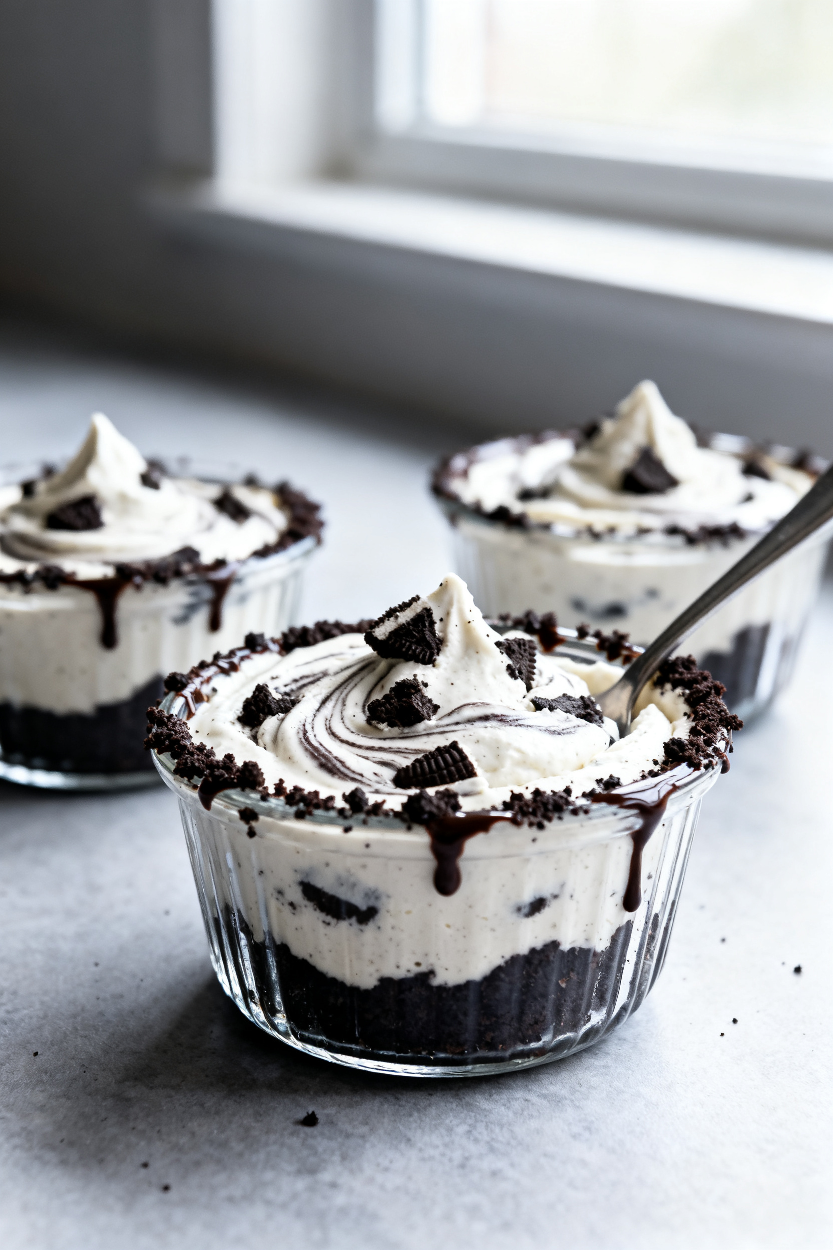Final dish hero shot: A trio of No-Bake Oreo Cheesecake Cups in clear ramekins, front cup in sharp f