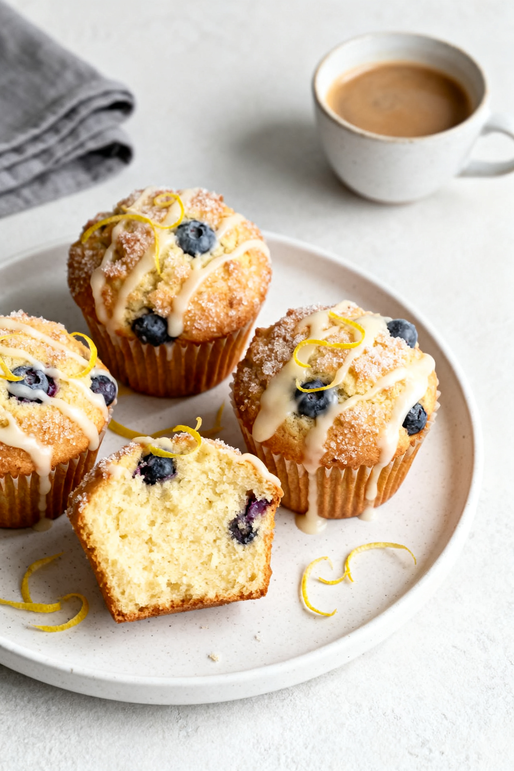Final dish presentation: Bakery-style lemon blueberry muffins on a matte white plate, tall crowns an